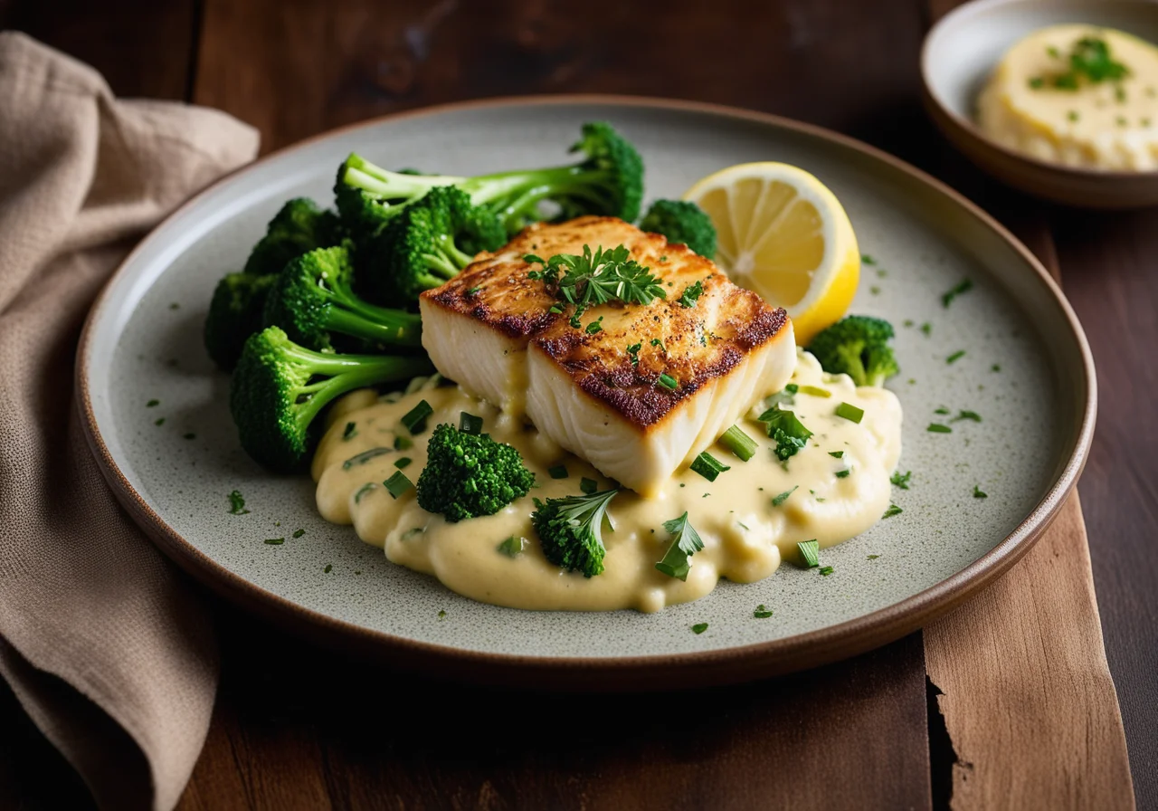 Cod with Cheddar Broccoli and Mashed Potatoes