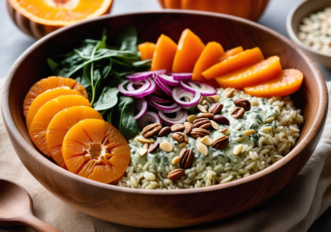 Carrot Rice Bowl with Goat Camembert and Dill Walnut Dressing