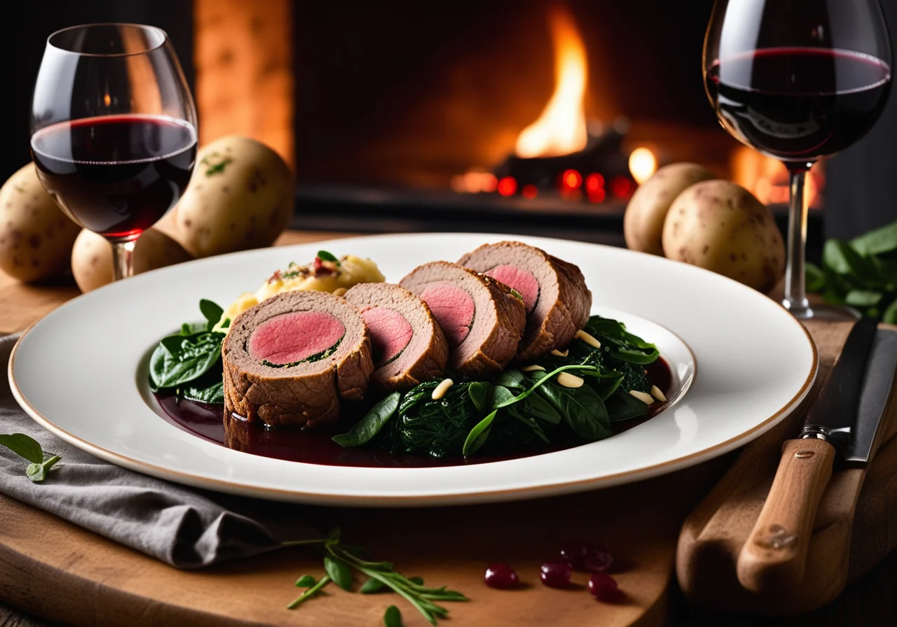 Beef roulade stuffed with spinach and red wine sauce