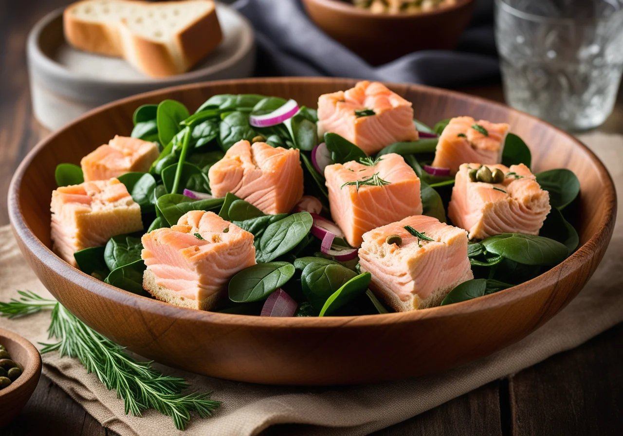 White bread bites with salmon and red onion
