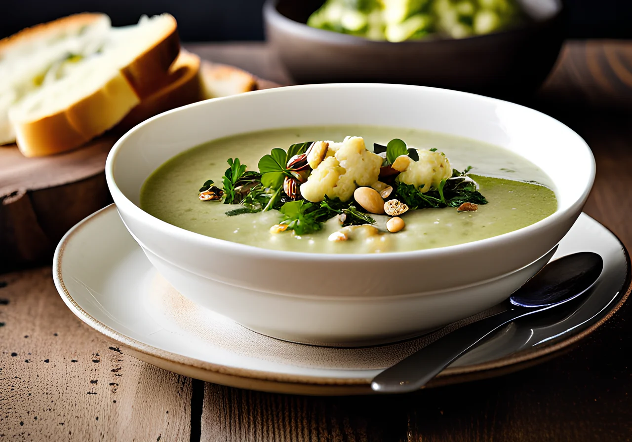 Cauliflower Brussels Sprout Soup with Pine Nuts