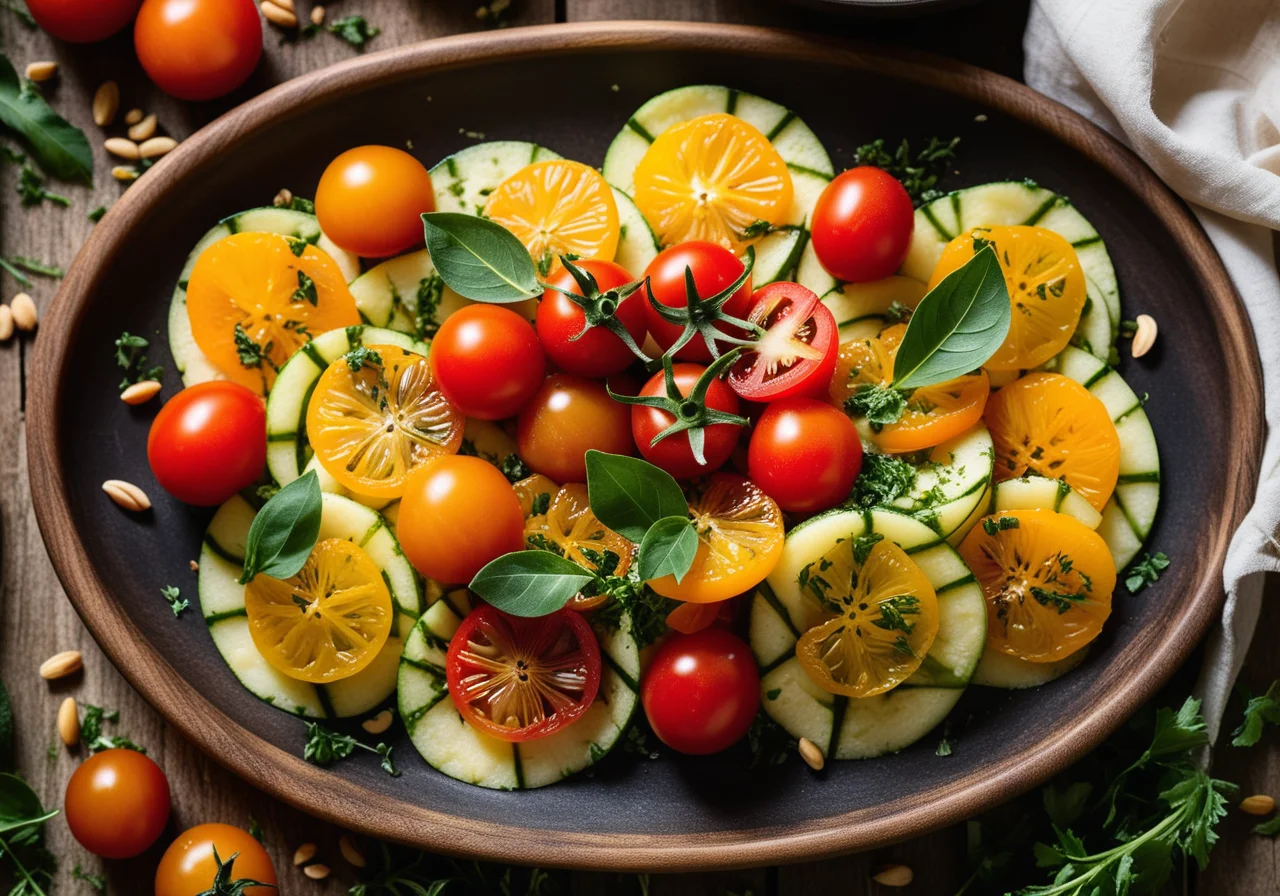 Cherry Tomato Salad with Candied Orange Peel, Zucchini Pesto, Andalusian Mashed Potatoes
