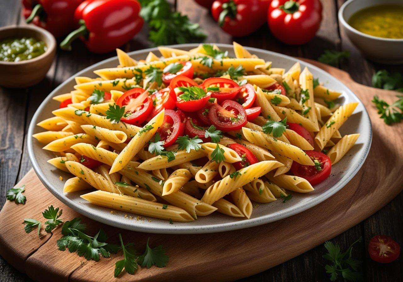 Pasta with Bell Pepper, Cherry Tomatoes and Green Salsa