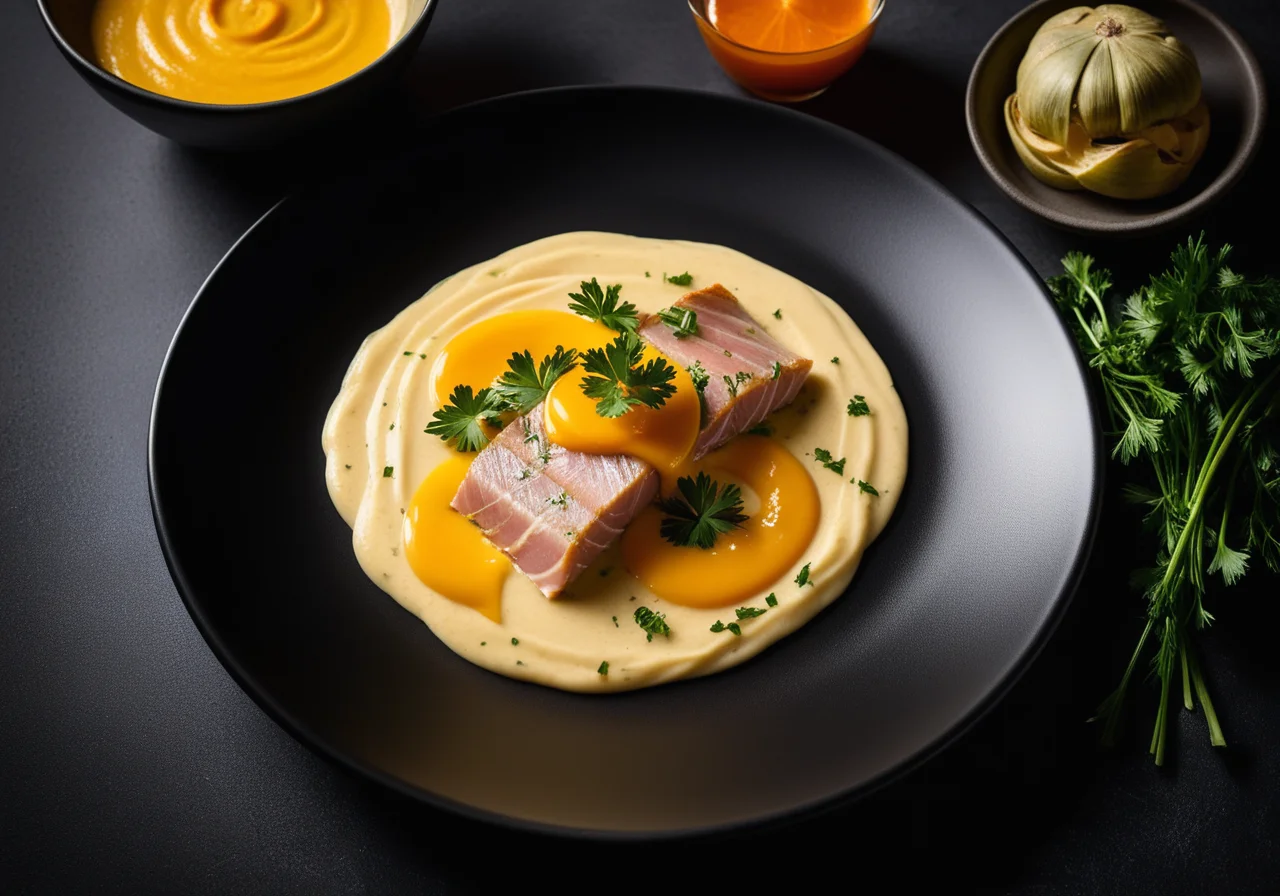 Trout Fillet with Saffron Sauce and Carrot-Artichoke Purée