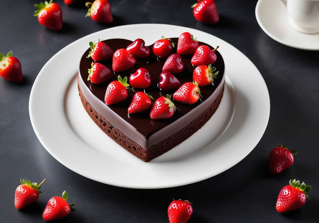 Heart Chocolate Cake with Strawberries