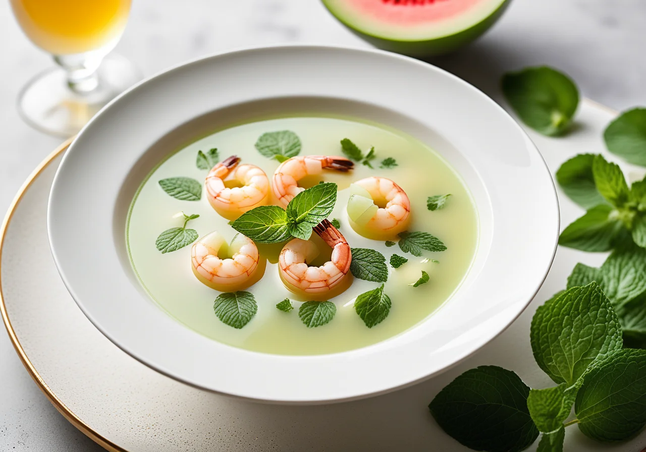 Honeydew Soup with Potatoes, Shrimp and Mint