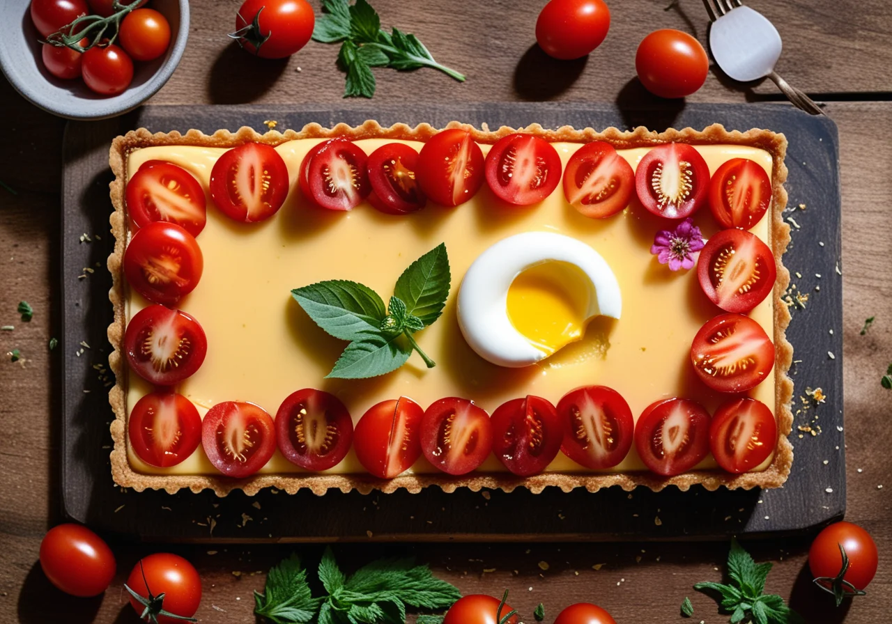 Cheese Tart with Wild Herbs, Edible Flowers, Eggs and Cocktail Tomatoes