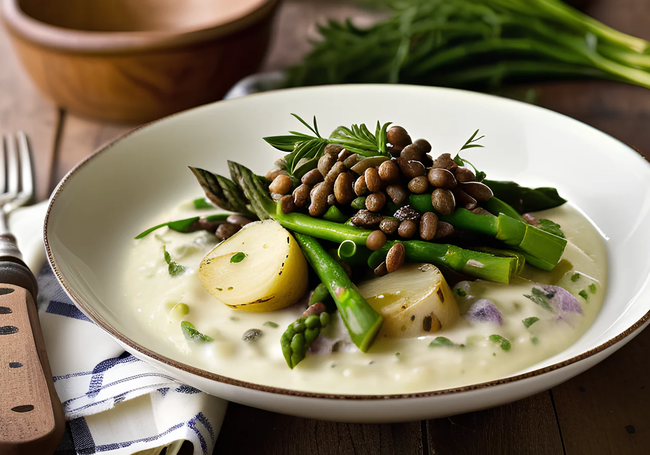Asparagus Ragout with Savoy Cabbage and Red Lentils