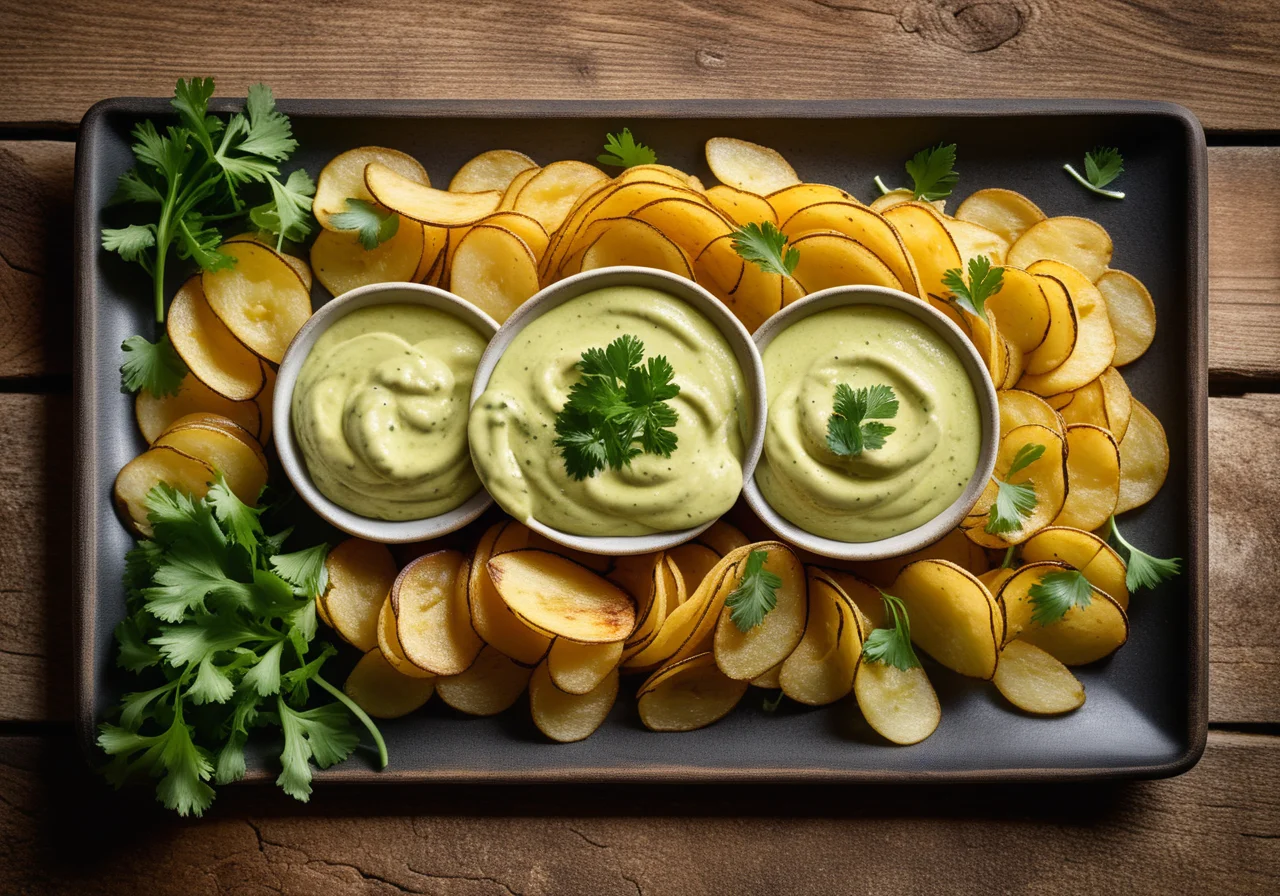 Fried Potato Slices with Garlic Avocado Cream