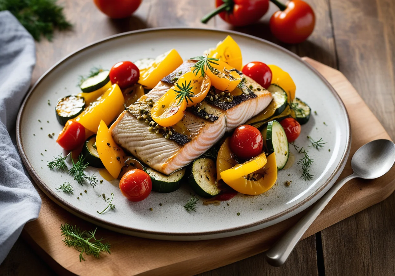 Baked Trout with Vegetables and Capers Sauce