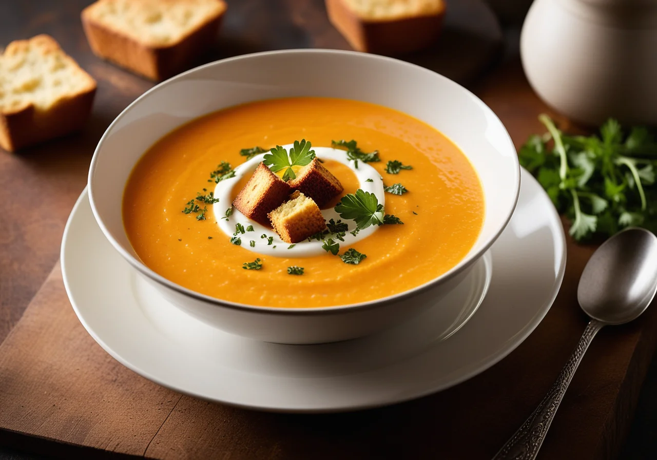 Creamy carrot soup with croutons