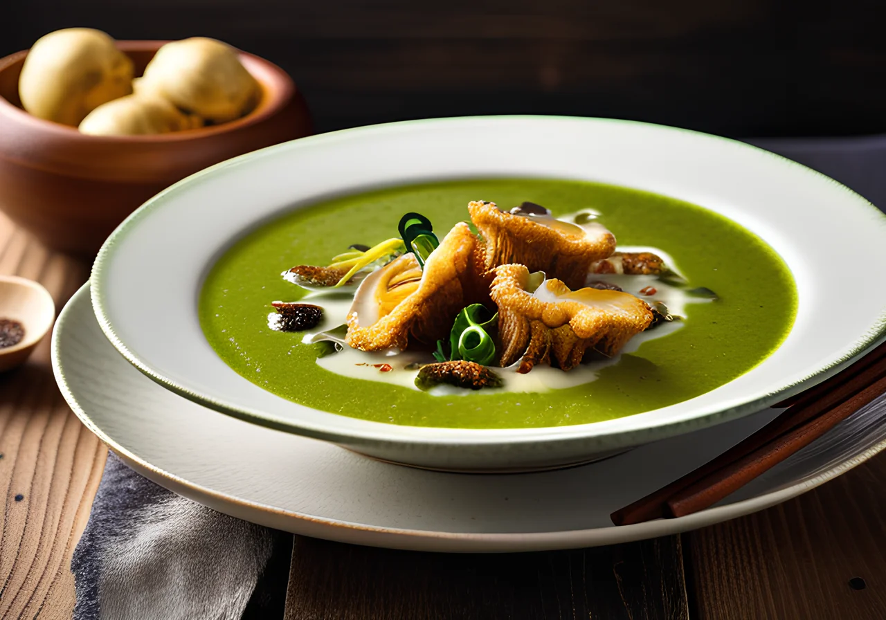 Broccoli Cream Soup with Fried Oyster Mushrooms