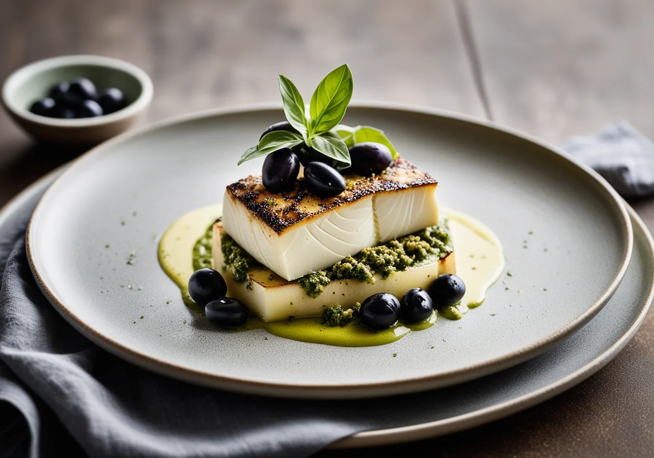 Cod with Potato Crown, Pesto and Olives