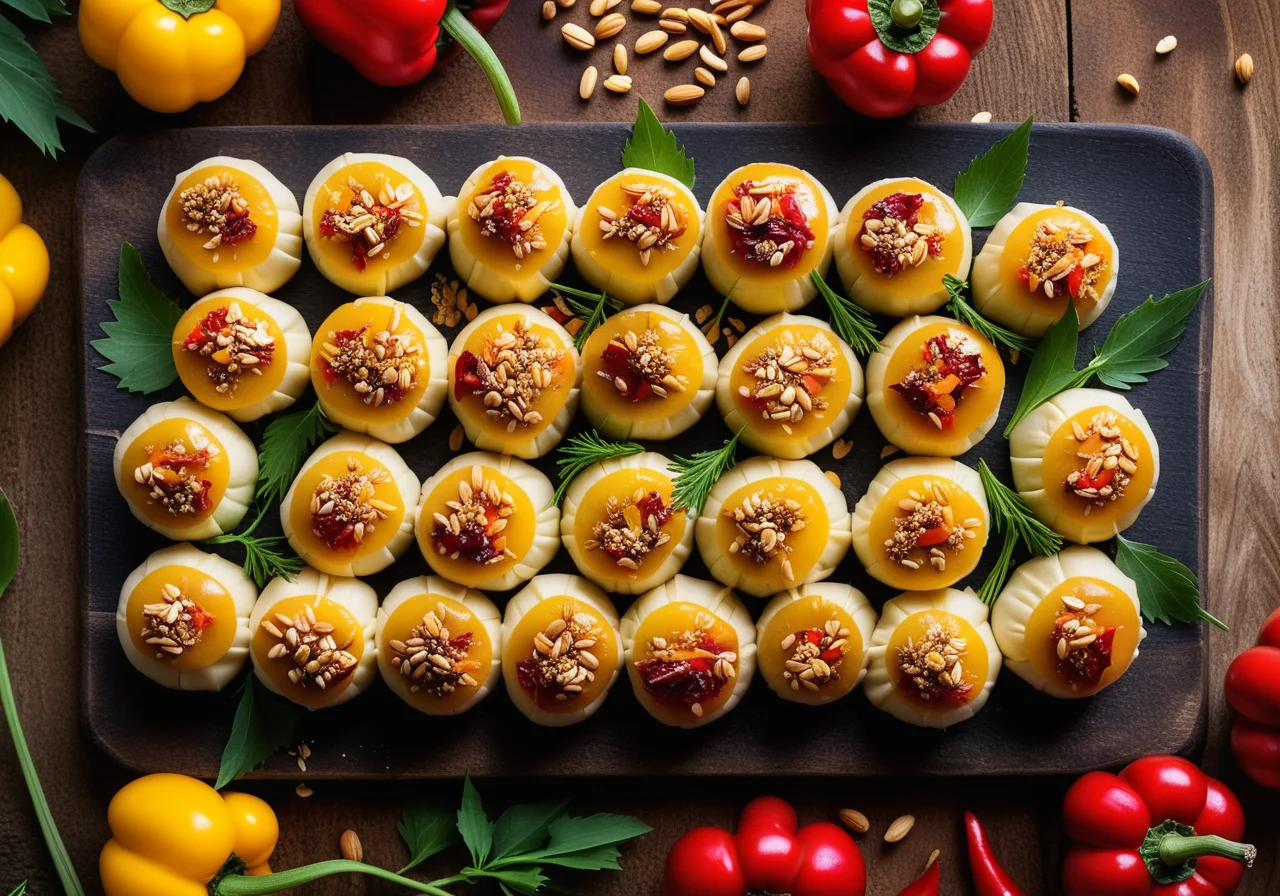 Goat cheese wrapped in wild garlic with bell pepper salad