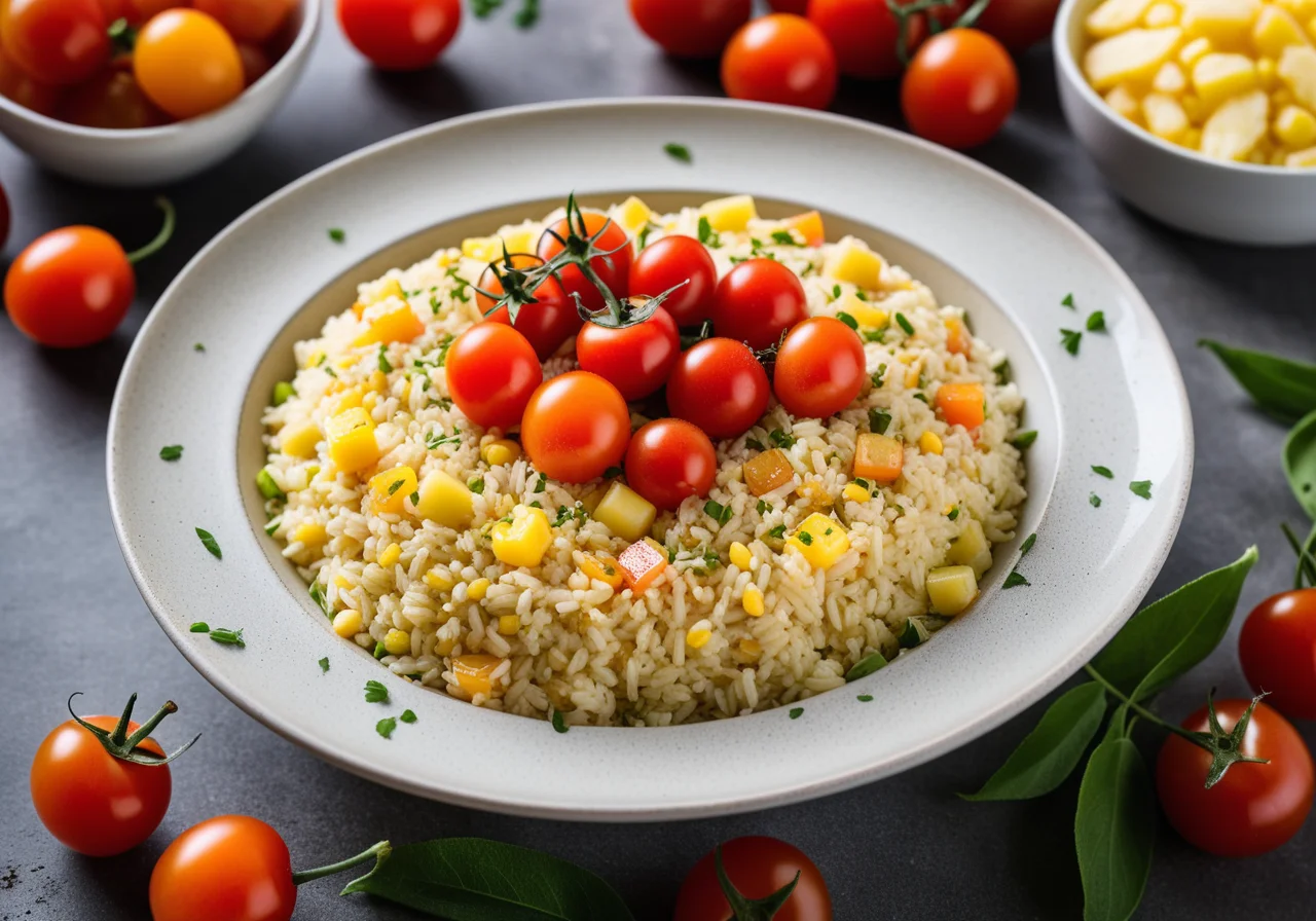 Fruitful Rice Salad with Pineapple, Corn, Cherry Tomatoes and Pea Dip