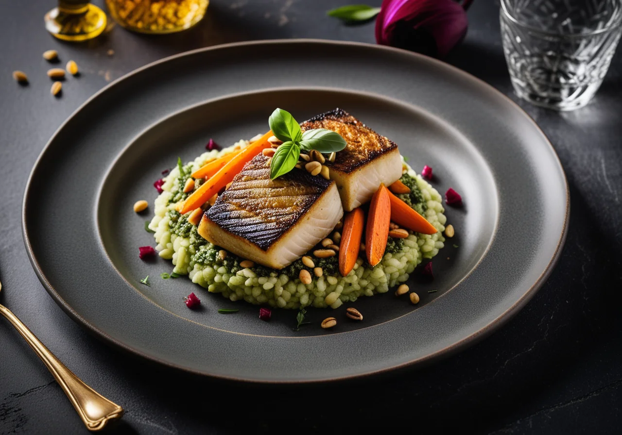 Sea bass with pesto on vegetable bed