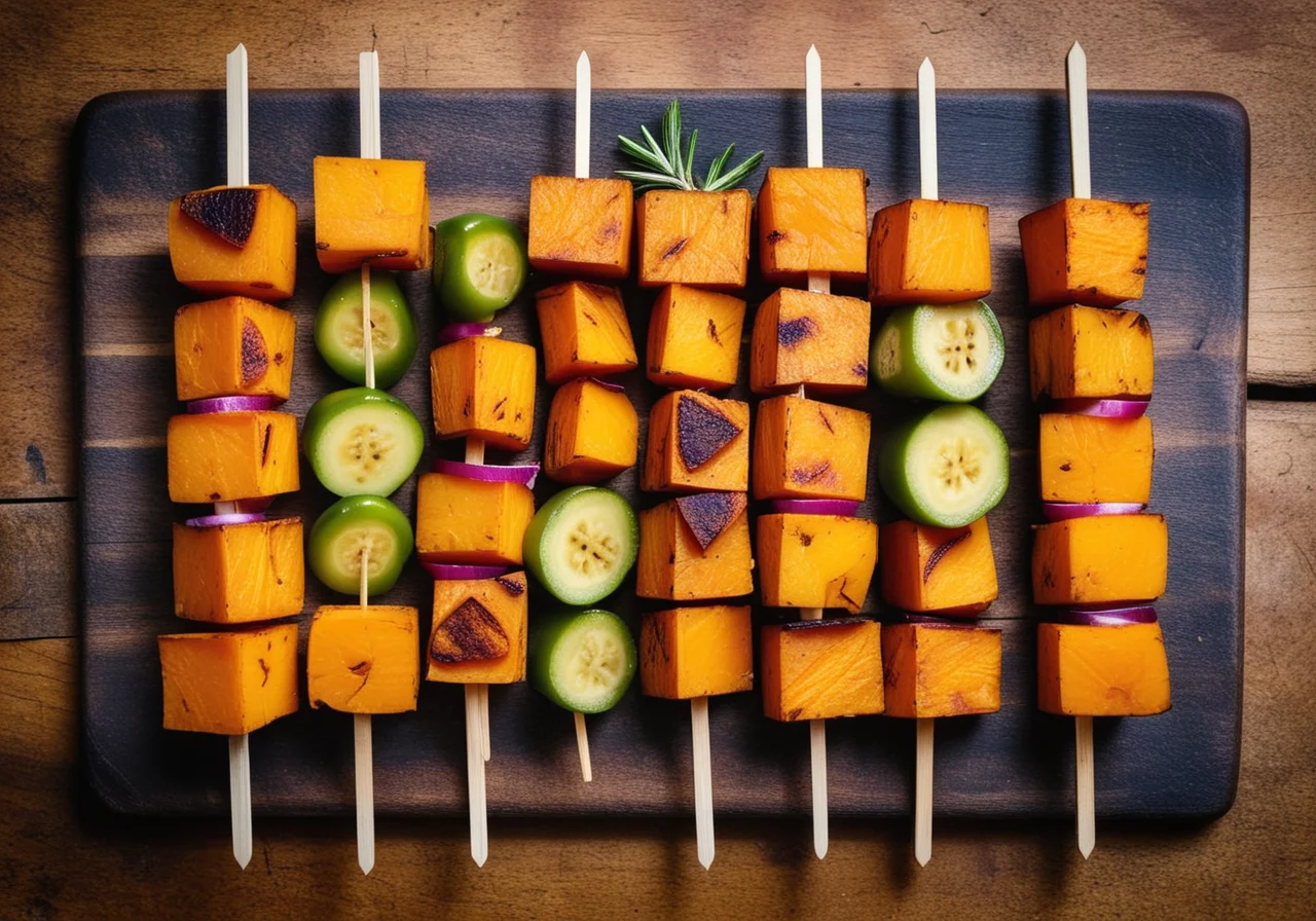 Vegetable Skewers with Sweet Potatoes, Pumpkin and Cooking Bananas