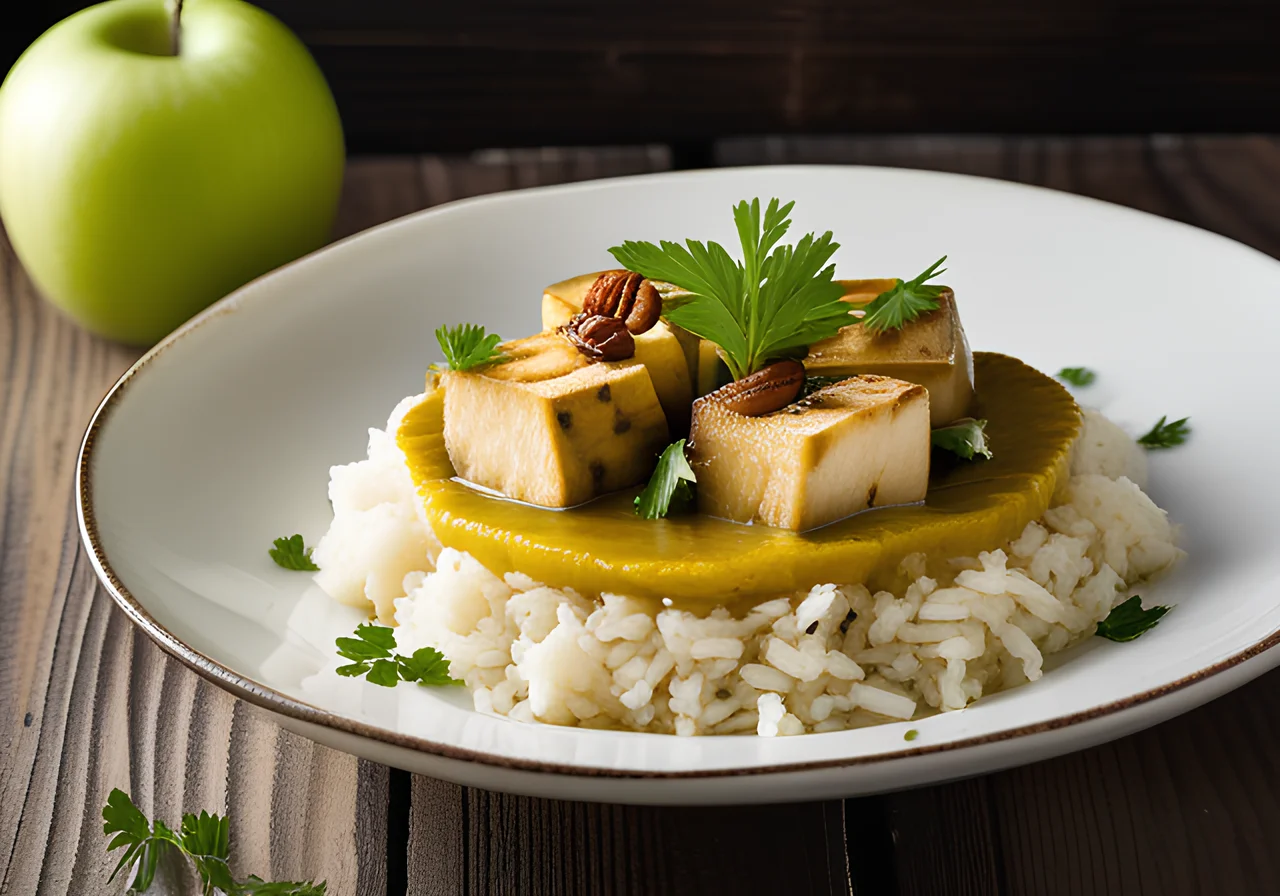 Kohlrabi Tofu Curry with Herb Apple Rice and Hazelnuts