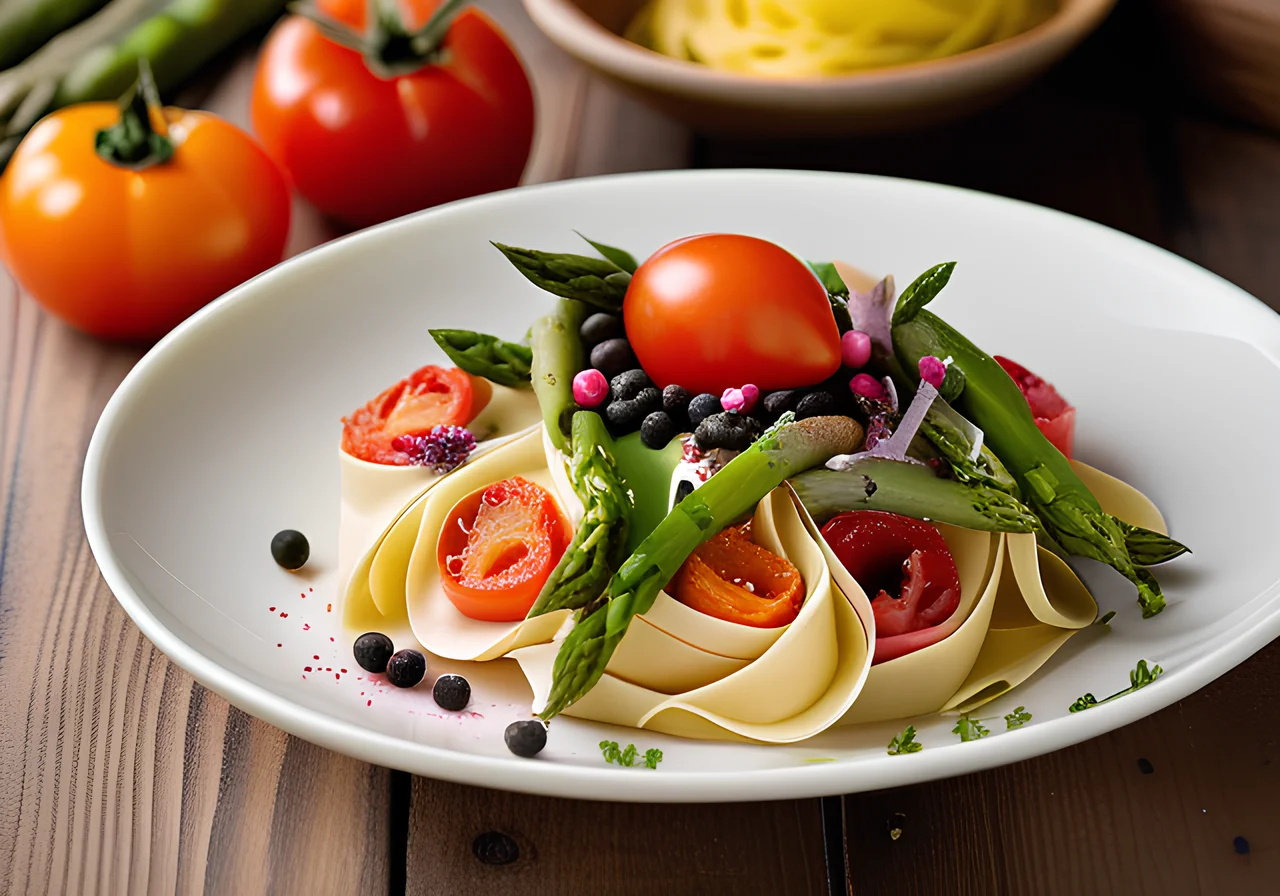 Pasta Nest with Asparagus and Tomatoes