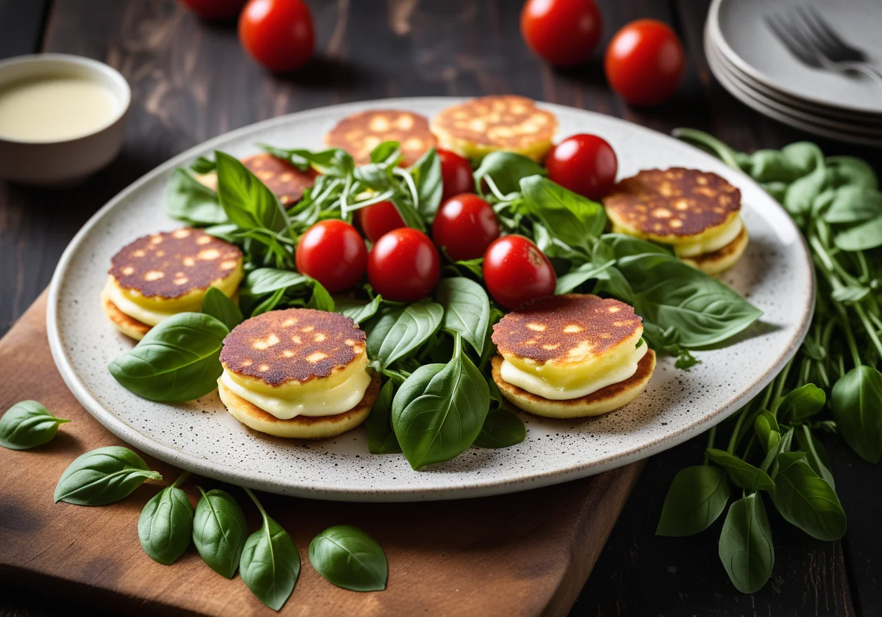 Dandelion Salad with Mozzarella Pancake Towers