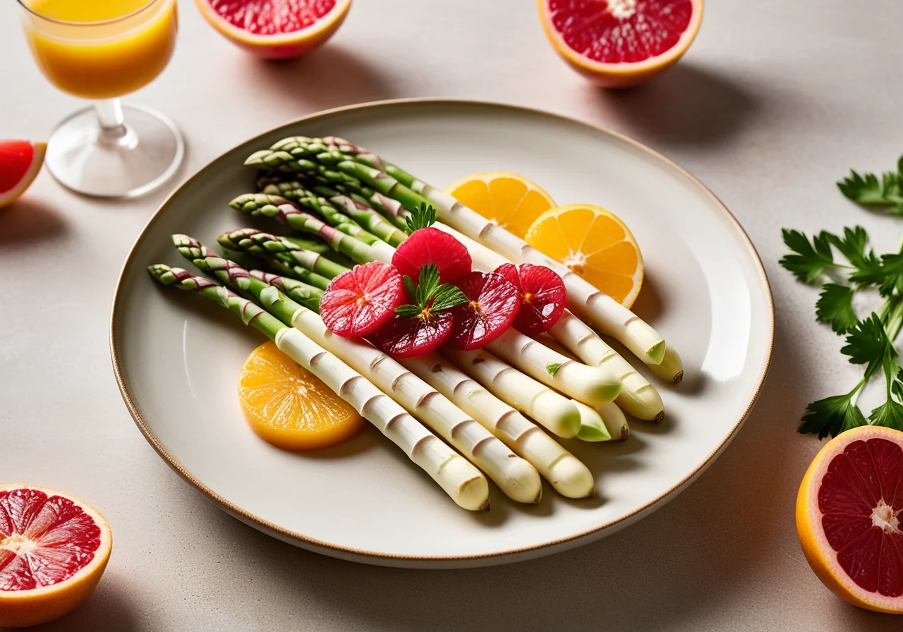 White asparagus spears with bacon and grapefruit