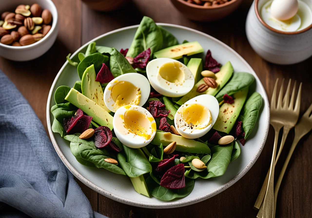 Salad with Vegetables, Hard Eggs and Pesto Rosso Dressing