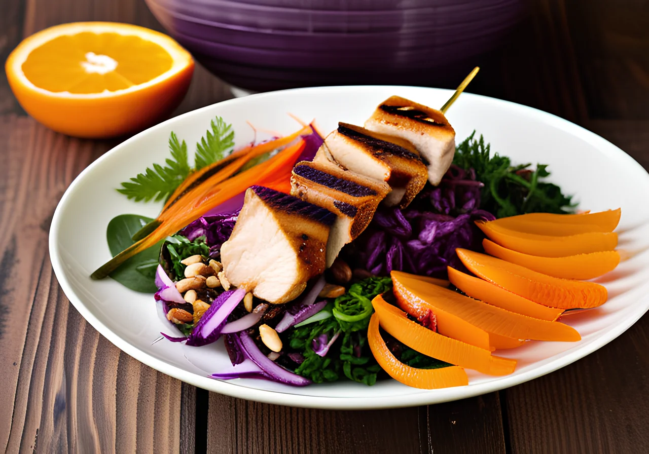 Colorful Rice Salad with Chicken Skewers and Peanut Dressing