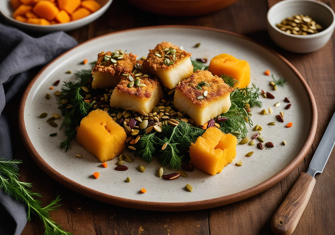 Pike-Perch Nuggets in Dill Potato Dough on Carrot Raw Dish