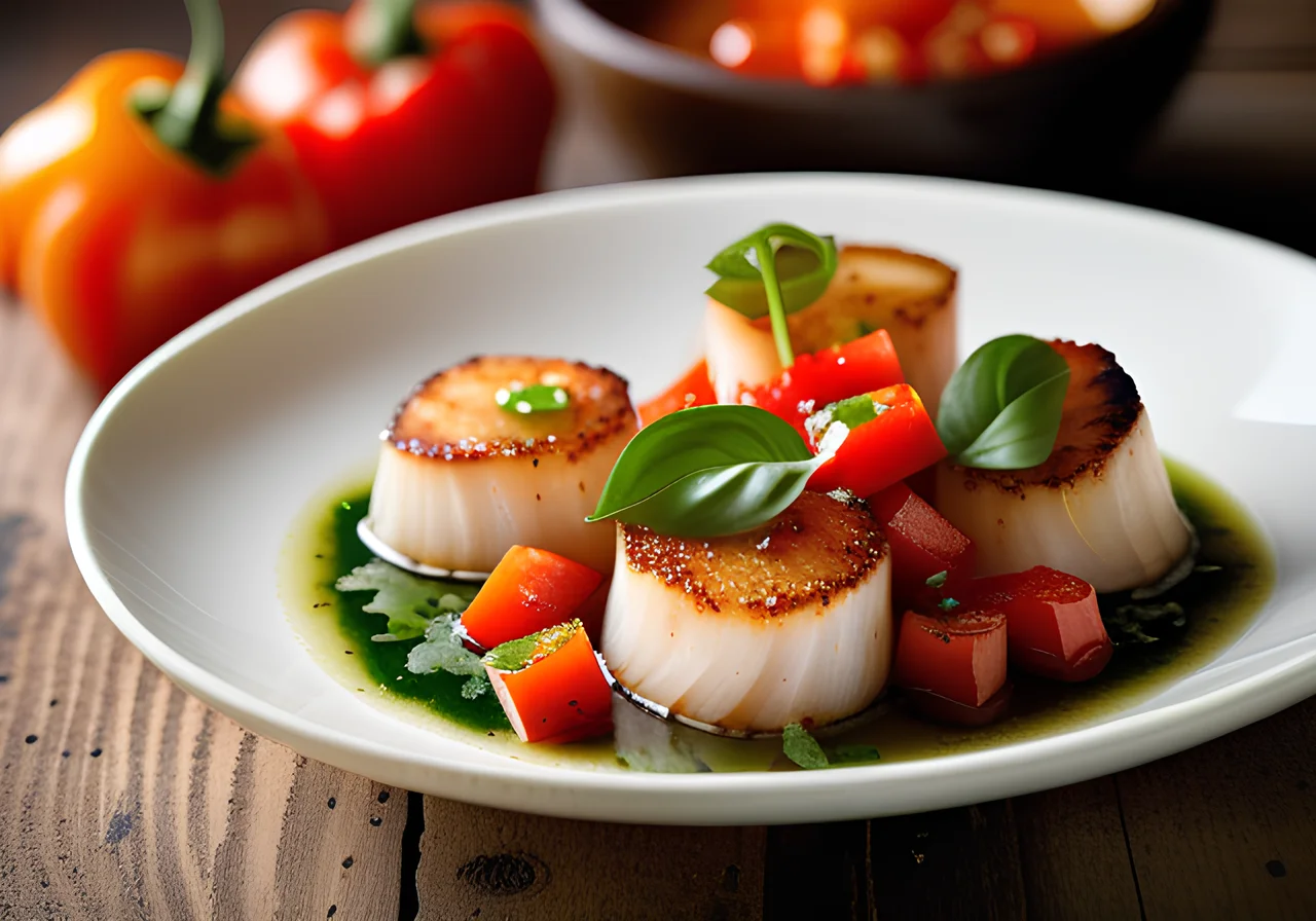 Scallops with Bell Pepper Cubes, Tomato Chutney and Basil Oil