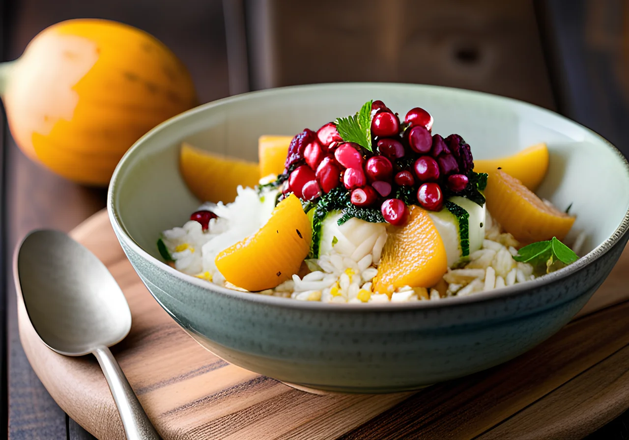 Lemon Rice Pan with Hokkaido Squash, Raita and Mint