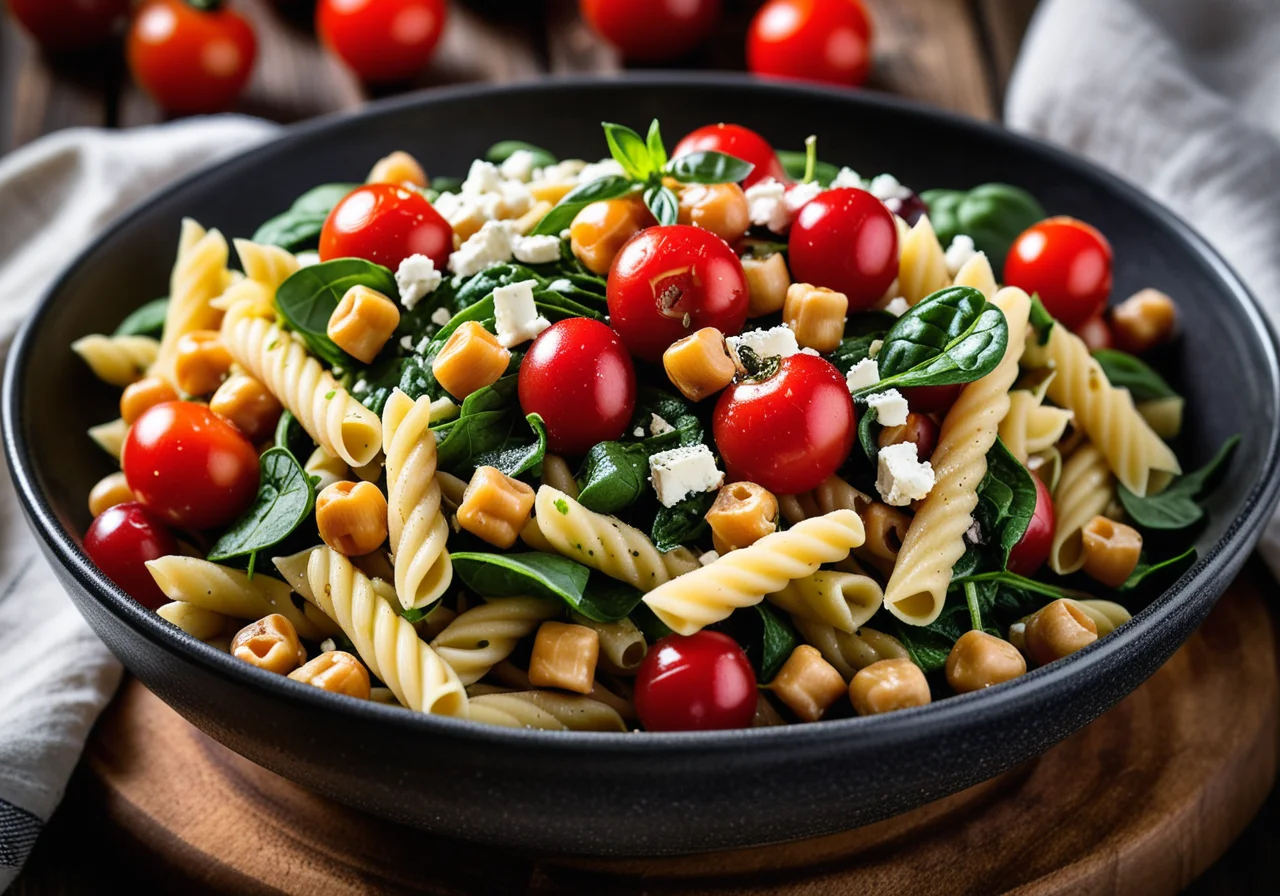 Pasta Chickpea Salad with Baby Spinach, Tomatoes, Olives and Feta
