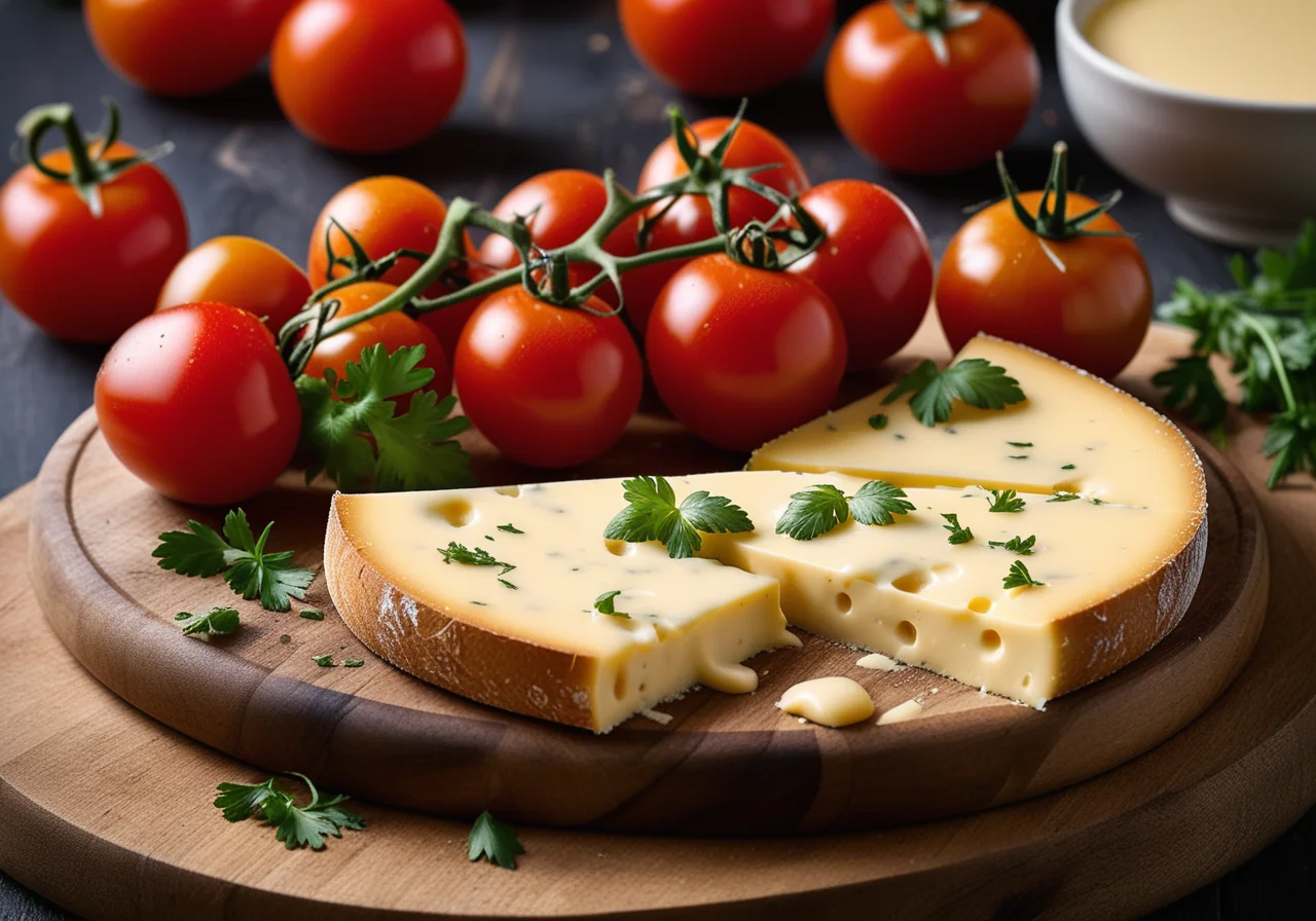 Cheese Salad with Tomatoes and Mustard Sauce