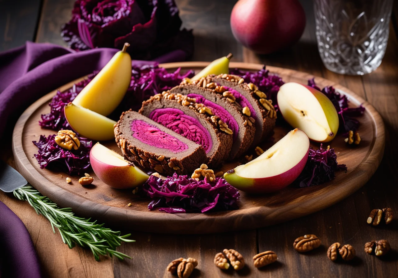 Venison with Crunchy Crust, Red Cabbage and Pears