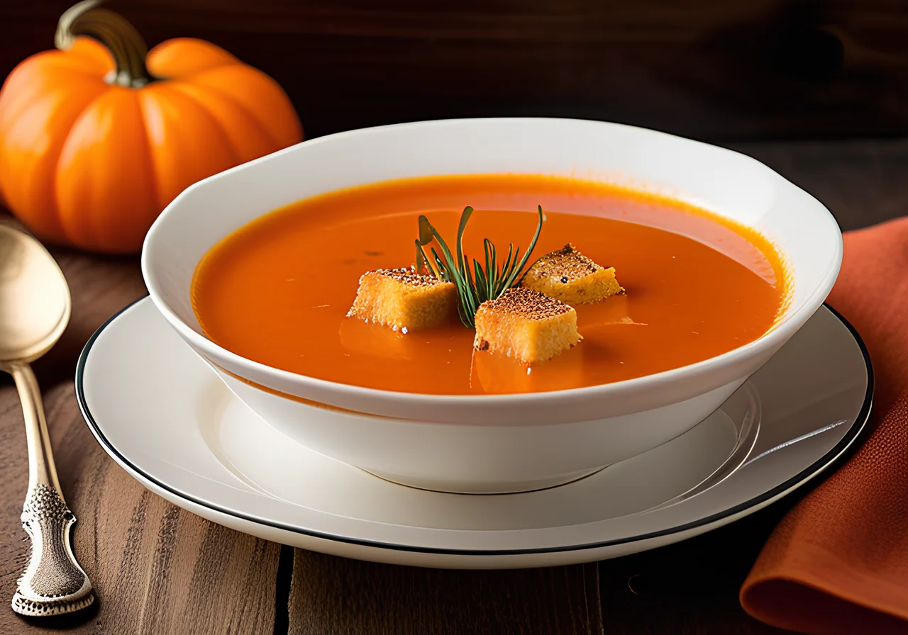 Pumpkin Tomato Soup with Croutons