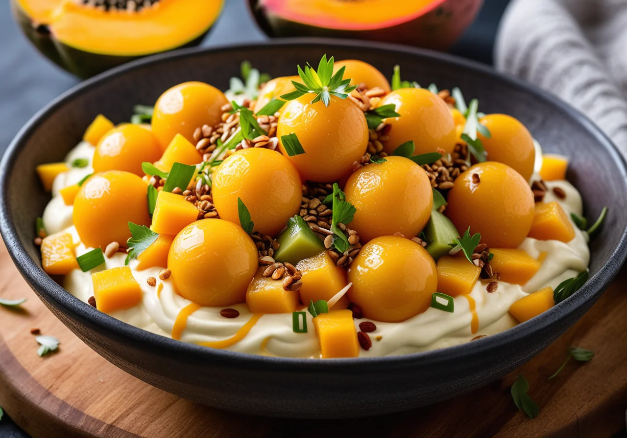 Papaya-Mango Salad with Sprouts and Cream Cheese Balls