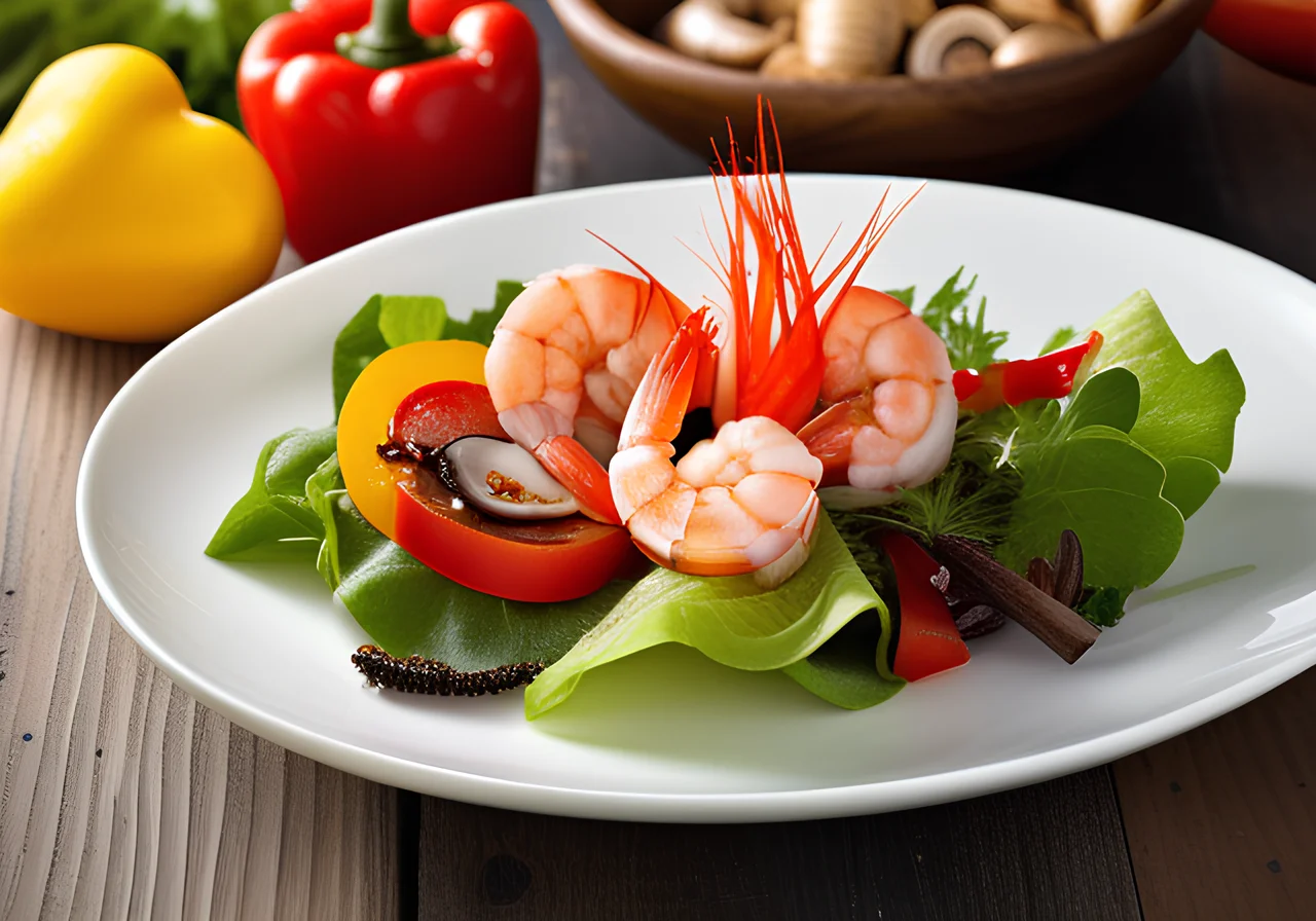 Shrimp Cocktail with Salad and Bell Peppers