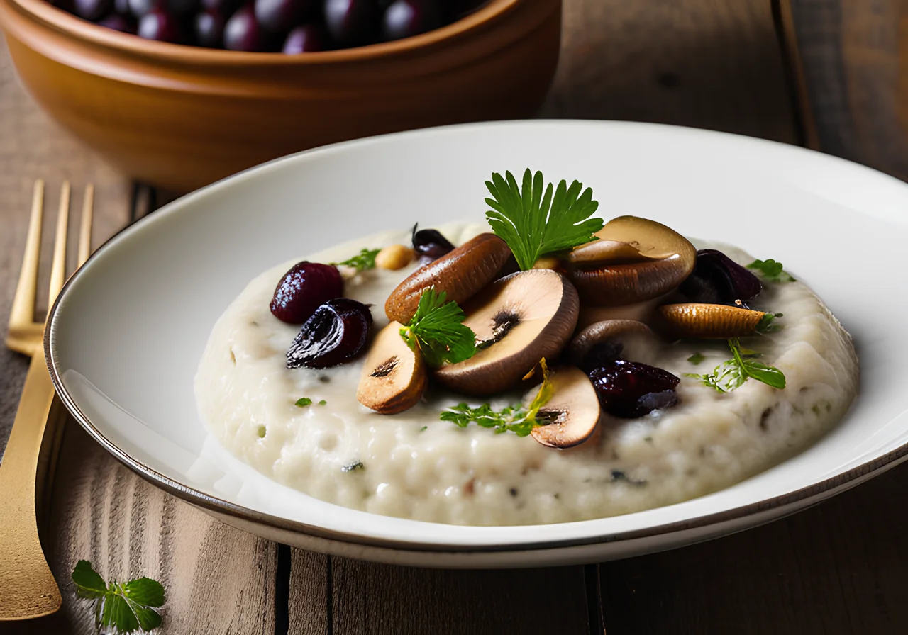 Herb Rice Porridge with Sautéed Herb Mushrooms and Aronia Sauce