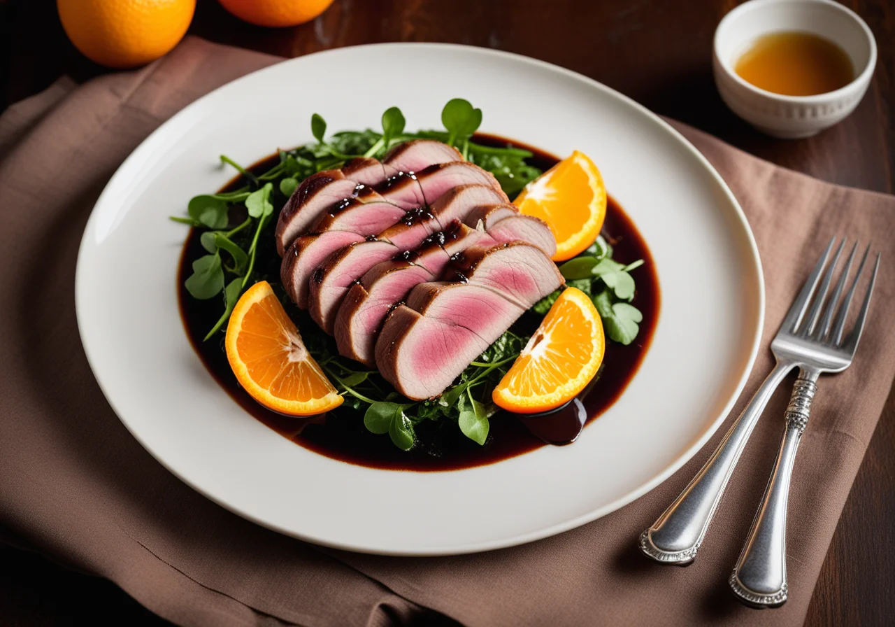 Roasted duck with oranges, honey and watercress
