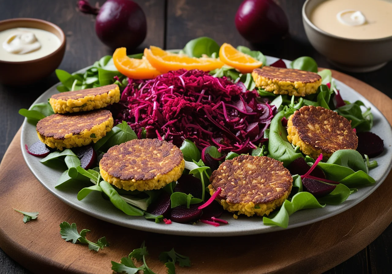 Leaf salad with barley patties and beetroot strips