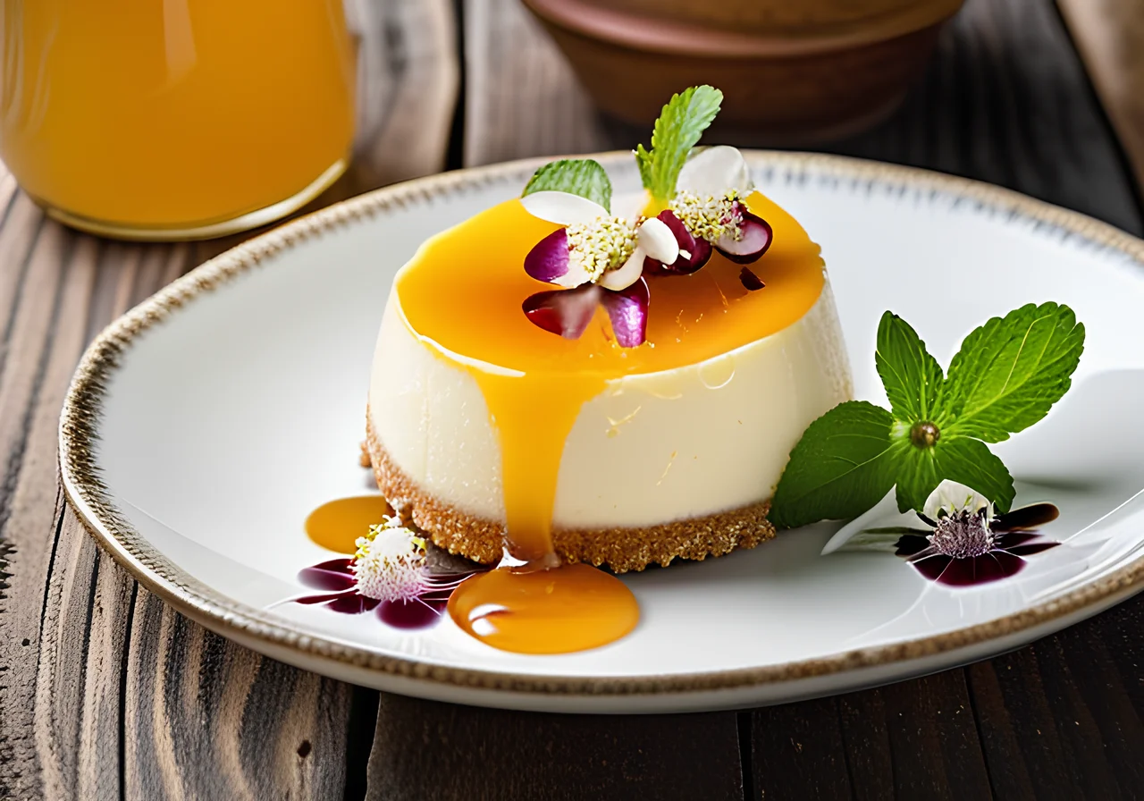 Small Elderflower Cheesecake with Passion Fruit Sauce