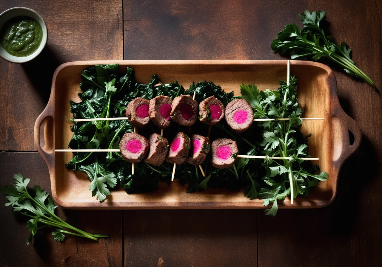 Grilled Ground Meat Skewers on Beet Greens