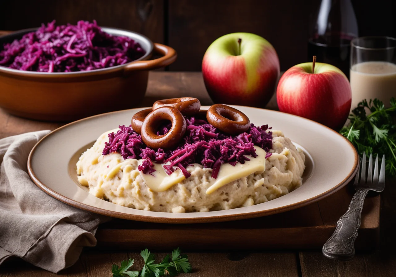 Red Cabbage Mashed Potatoes with Bratwurst and Apple Slices