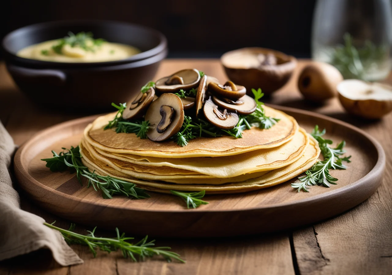 Savory Crêpes with Mushroom Sprout Greens