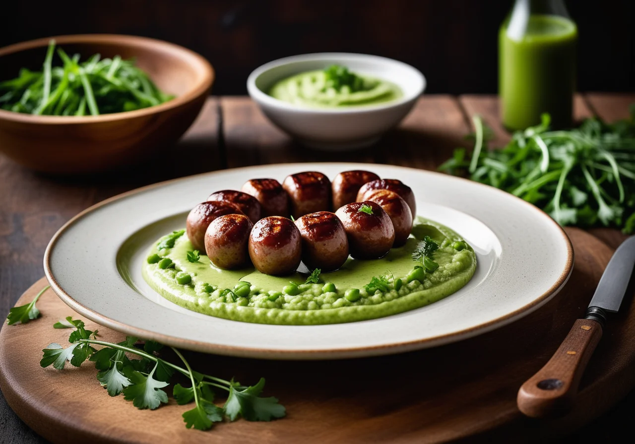 Grilled Sausages with Spicy Pea Wasabi Puree