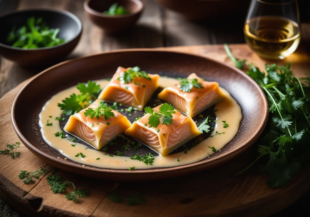 Salmon Maultaschen in Riesling Sauce