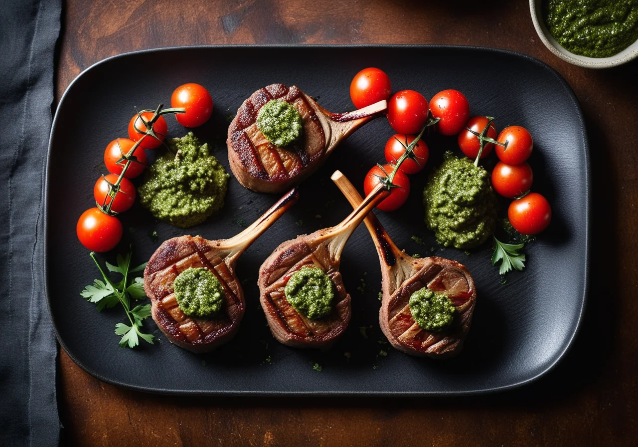 Grilled Lamb Chops with Pesto and Tomato Skewers