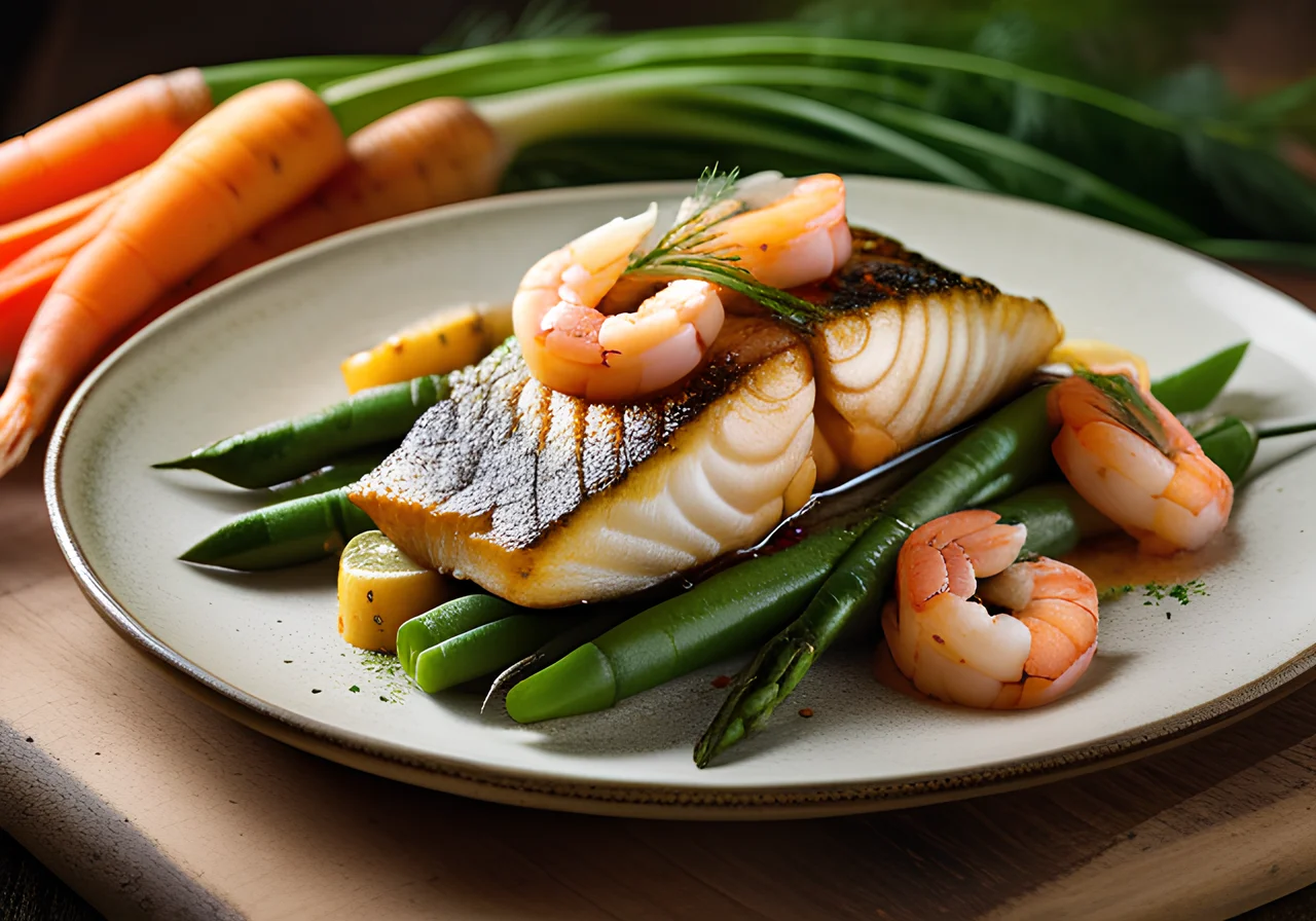 Shrimp and Sea Bass with Carrot‑Bean Vegetable