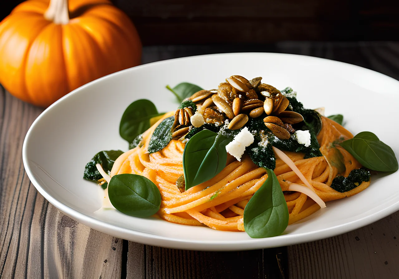 Spaghetti with Pumpkin and Spinach-Goat Cheese Sauce