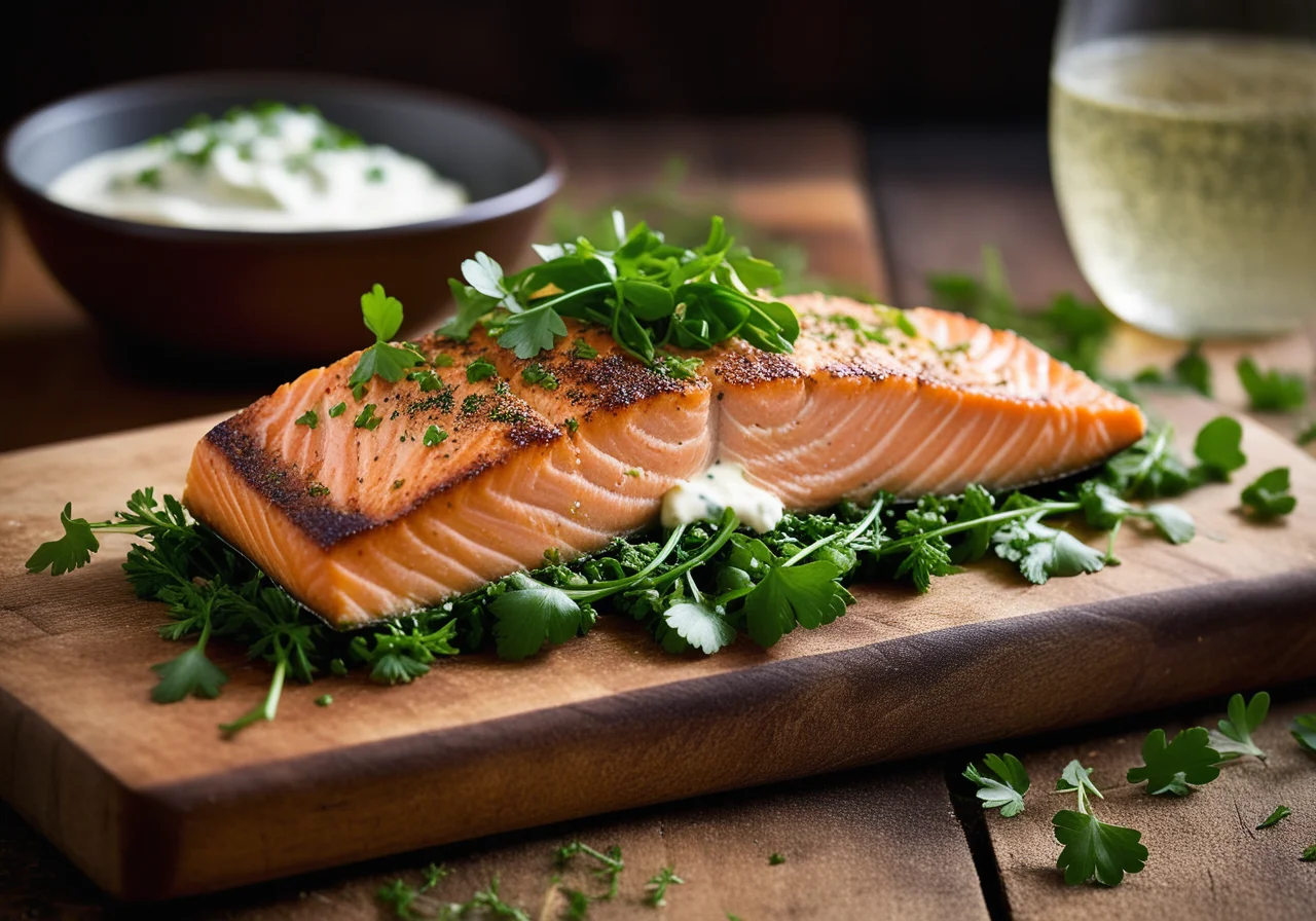 Salmon Fillet with Goat Cheese Topping and Herbs