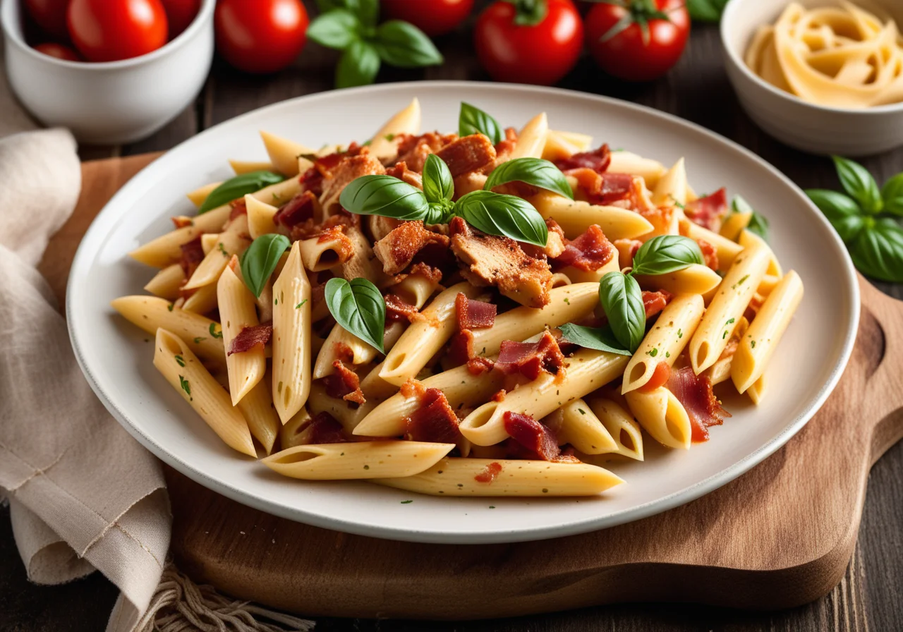 Penne with Chicken Breast Strips, Bacon, and Cheese